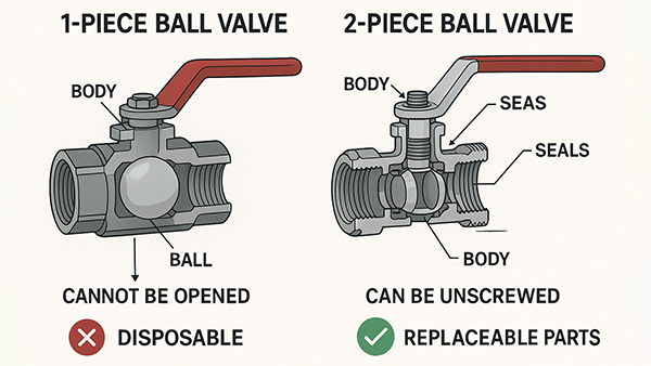 A side-by-side comparison of a sealed 1-piece valve and a repairable 2-piece valve