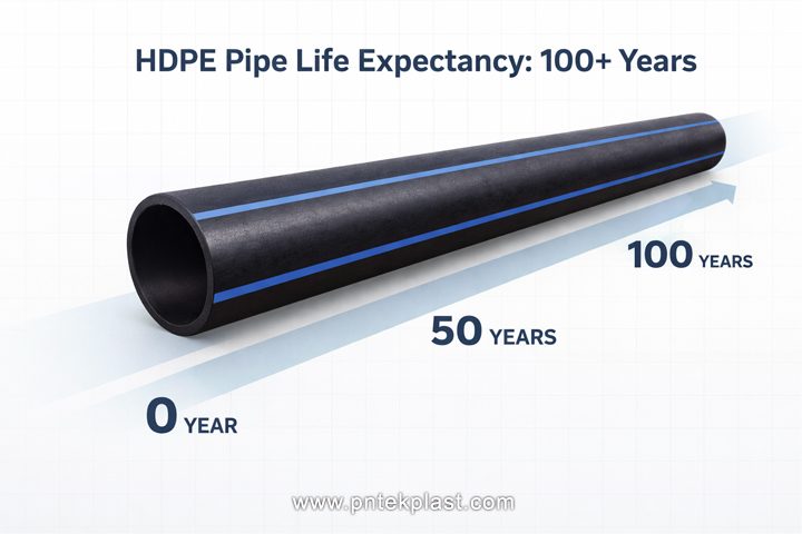 An illustration showing a timeline from year 0 to year 100 with an HDPE pipe running along it