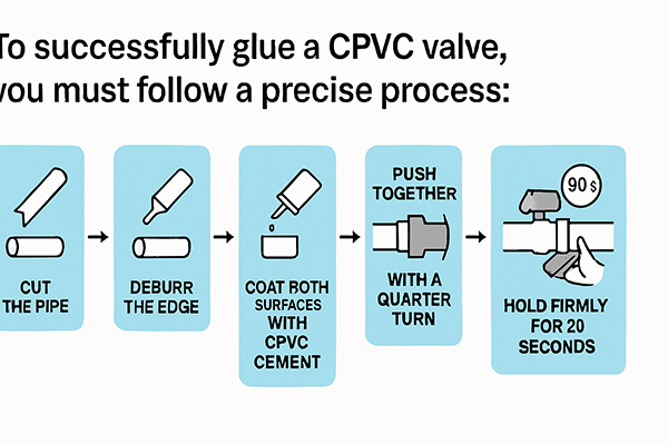 An infographic showing the steps: Cut, Deburr, Prime, Cement, and Hold for CPVC installation
