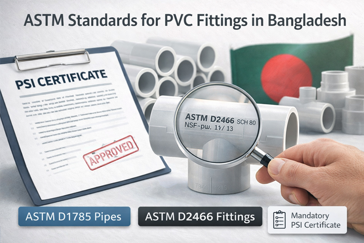 A PVC pipe fitting with ASTM standard markings being inspected