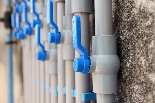 A collage showing PVC valves in use: an irrigation field, a pool pump system, and an aquarium setup