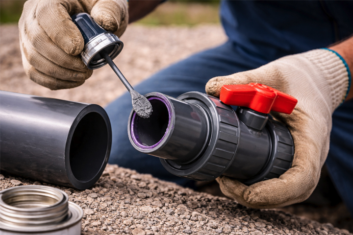 Applying PVC Cement to a Ball Valve A clear photo of a worker applying PVC cement to a ball valve socket