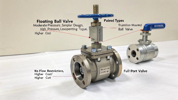 A cutaway view comparing floating, trunnion, full-port, and reduced-port valve designs