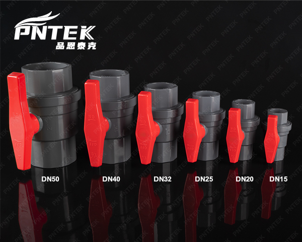 A Pntek factory shelf stacked with boxes clearly labeled with different ball valve sizes