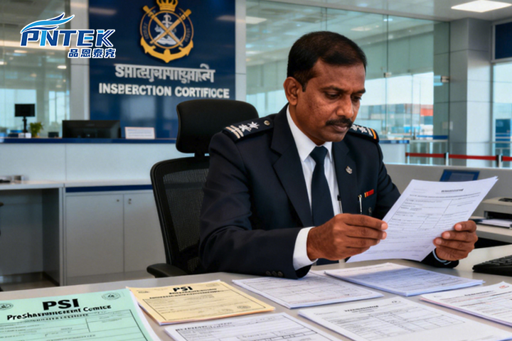 A customs officer reviewing shipping documents including a PSI certificate