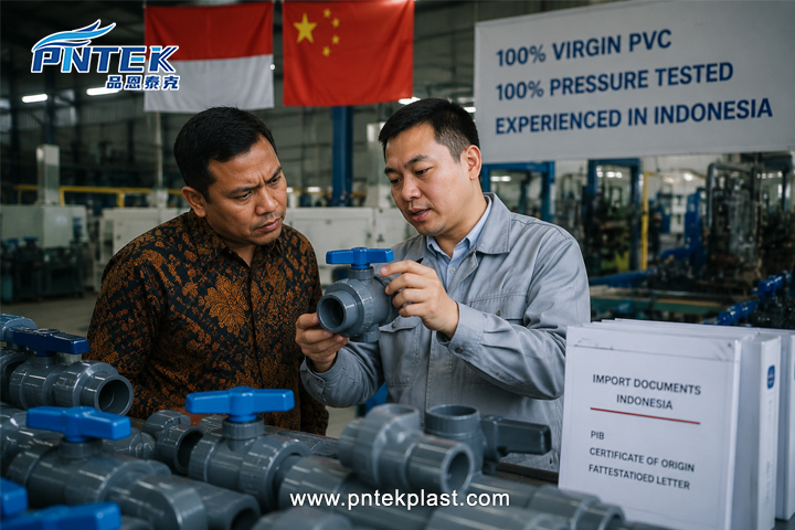 An Indonesian buyer inspecting a PVC ball valve from a Chinese factory