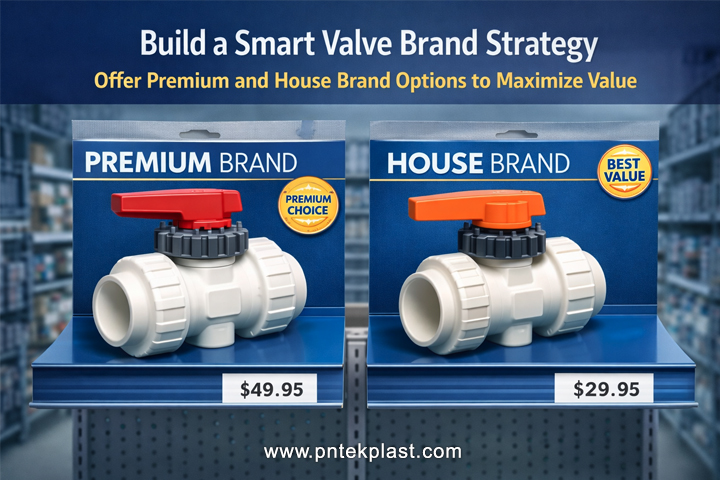 Building a Smart Valve Brand Strategy A store shelf showing a premium brand next to a high-quality house brand valve
