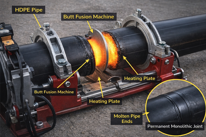 Veliki stroj za sučeono spajanje koji drži dva kraja crne HDPE cijevi s grijaćom pločom između njih