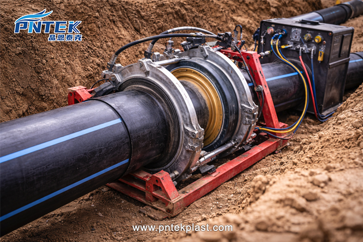A large butt fusion machine joining two large-diameter HDPE pipes in a trench
