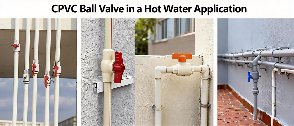 CPVC Ball Valve in a Hot Water Application A CPVC ball valve installed on a hot water line connected to an industrial heater