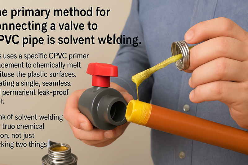 A close-up of CPVC-specific orange primer and yellow cement cans next to a prepared pipe and valve
