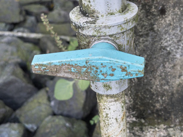 A cutaway view of an old valve showing scale and mineral buildup inside