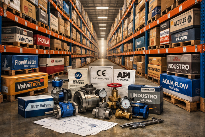 Choosing the Best Valve Company for Your Supply Chain A warehouse aisle filled with boxes of valves from different manufacturers