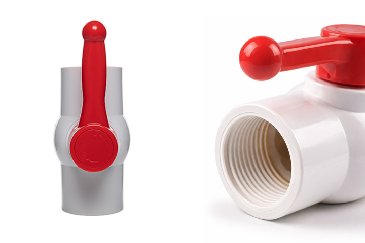 Close-up of a Threaded Ball Valve A PVC threaded ball valve showing the female screw threads on both ends