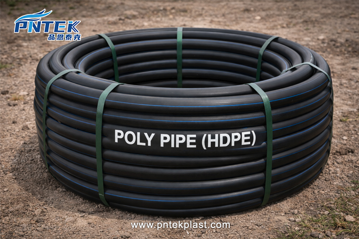 A coil of black HDPE poly pipe waiting for installation