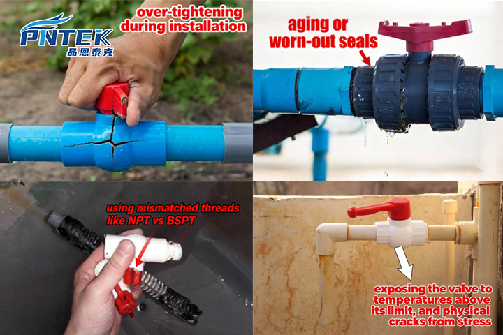 Common PVC Ball Valve Failures A collection of failed PVC ball valves showing cracks and leaks