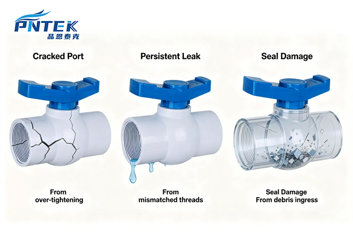 Një kolazh që tregon një portë të plasaritur, një fije që pikon dhe një top valvule të shënuar