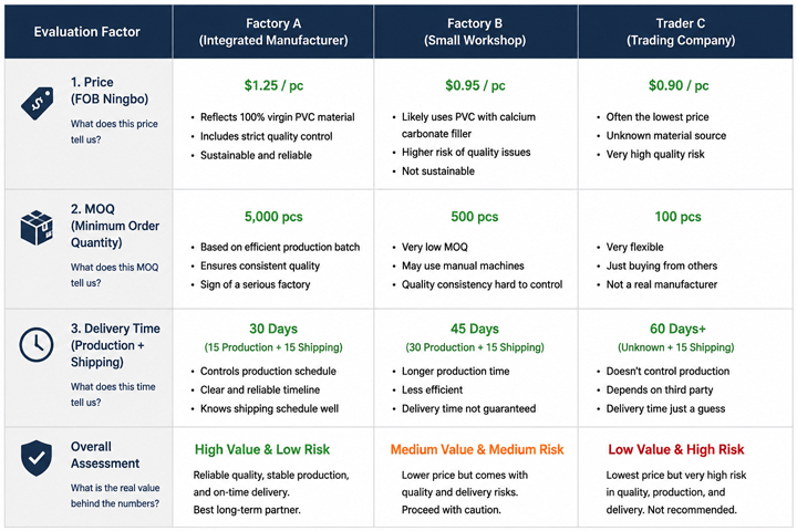 A comparison chart showing price, quality, and MOQ columns