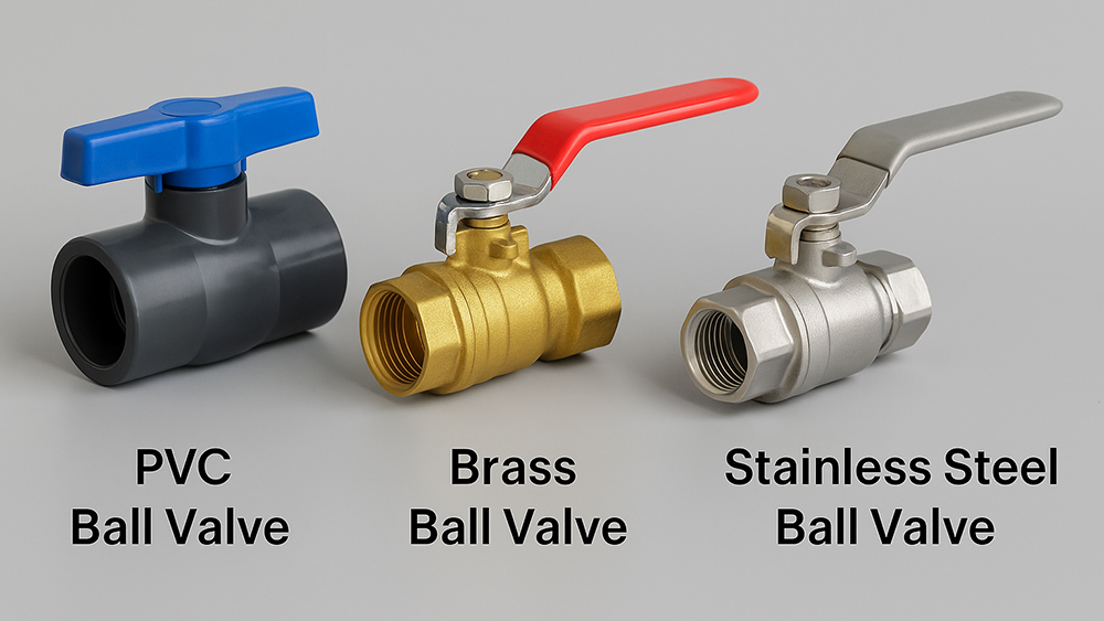 A PVC, a brass, and a stainless steel ball valve side-by-side