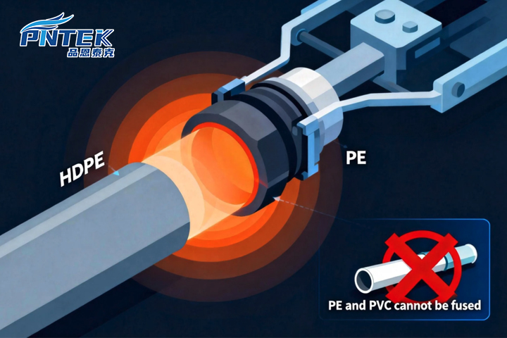 An illustration showing a PE pipe being fused to a PE fitting, with a PVC pipe crossed out