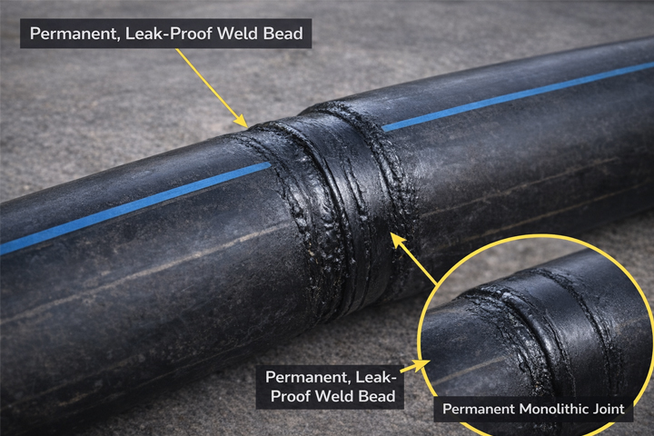 Krupni plan završenog sučeonog zavara na HDPE cijevi, s karakterističnim dvostrukim zavarom