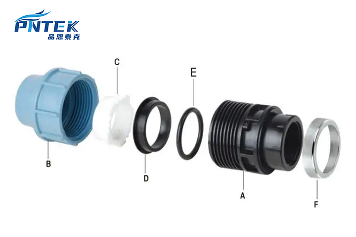 Components of a PP Compression Fitting A blue and black PP compression fitting disassembled to show its parts: nut, ring, body, and seal
