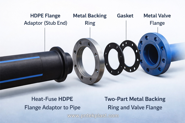 Components of an HDPE Flange Connection An exploded view showing an HDPE pipe, a metal backing ring, an HDPE flange adaptor, a gasket, and a metal valve flange