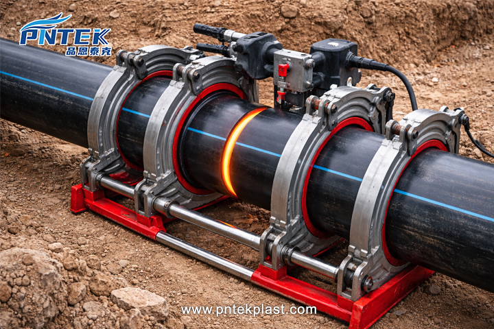 A butt fusion machine joining two large-diameter HDPE pipes