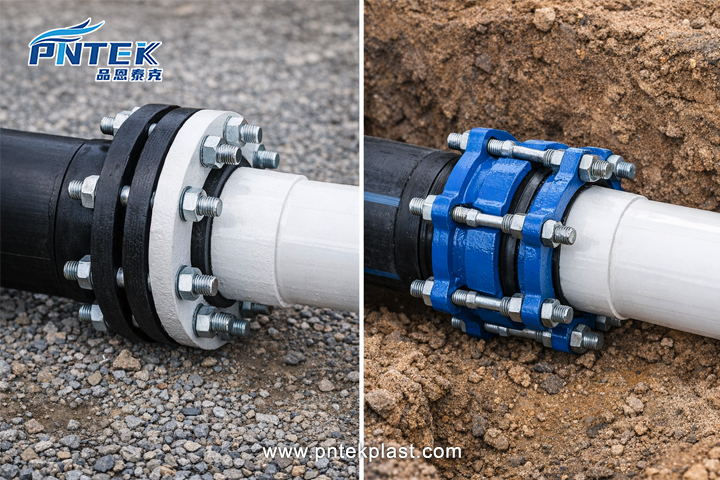 A mechanical transition fitting connecting a black HDPE pipe to a white PVC pipe