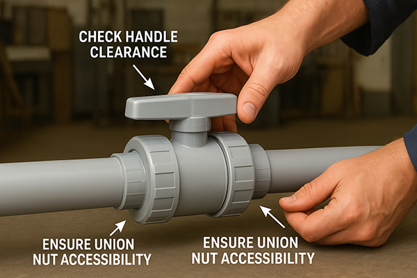 A Pntek true union valve installed with ample clearance for the handle and union nuts