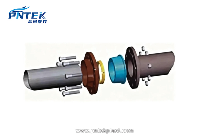 Cross-Section of a Working Flange Adaptor A cross-section diagram showing how the bolts squeeze the backing rings, which compress the HDPE adaptor faces onto a gasket