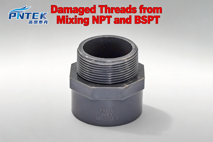 Damaged Threads from Mixing NPT and BSPT A damaged, stripped thread on a PVC fitting from attempting to mix NPT and BSPT