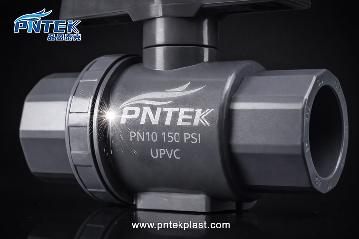 Details of a Quality PVC Valve Brand A close-up of a high-quality PVC valve showing clear brand marking and pressure rating