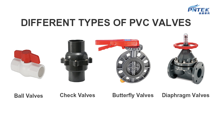 An assortment of different Pntek PVC valves including a ball valve, check valve, and butterfly valve