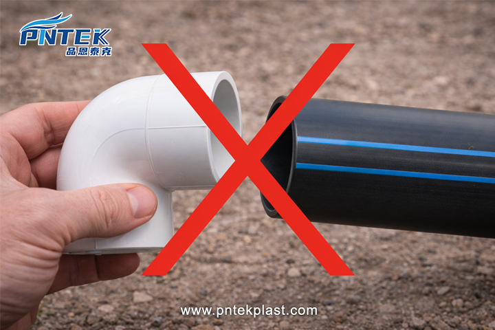 An image showing an X over a PVC fitting being held up to an HDPE pipe