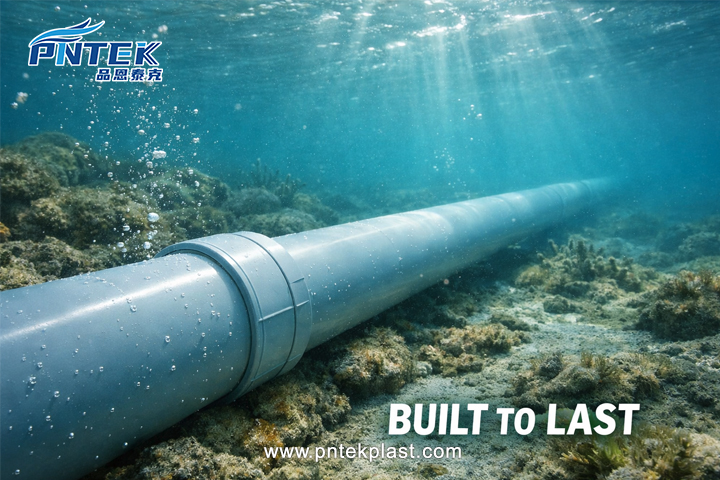 Durability of Plastic in Water An underwater view of a PVC pipe looking clean and intact after years of use