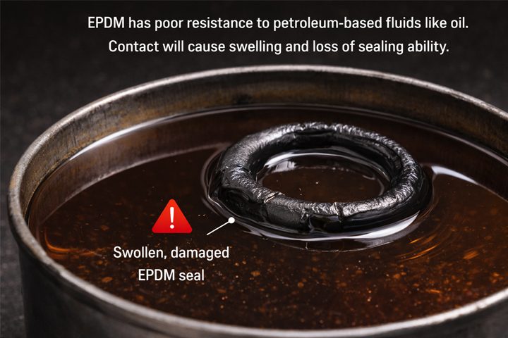 EPDM Seal Failure in Oil A swollen, damaged EPDM seal floating in a container of oil