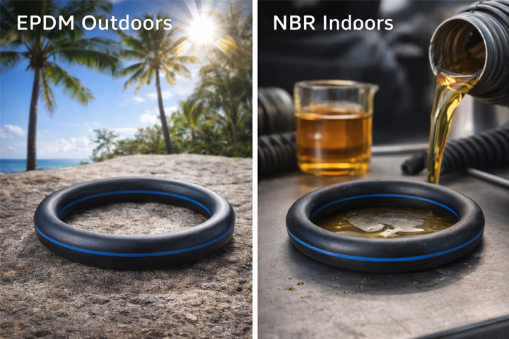 EPDM for Outdoors vs NBR for Indoors in Tropics EPDM and NBR seals shown in a tropical outdoor and indoor setting