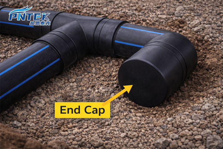 اختتامی کیپ کے ساتھ پائپ سسٹم کی ایک مثال واضح طور پر اختتامی مقام پر دکھائی گئی ہے۔