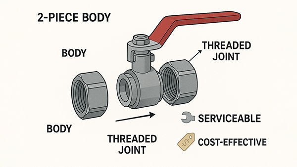 An exploded view of a two-piece ball valve showing the body, end connection, ball, and seats