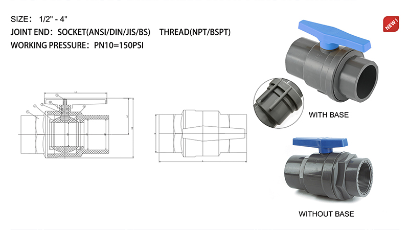 An exploded diagram showing the two main body parts and internal ball of a two-piece valve