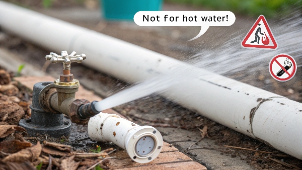 Close-up of a warped PVC valve that failed from hot water exposure