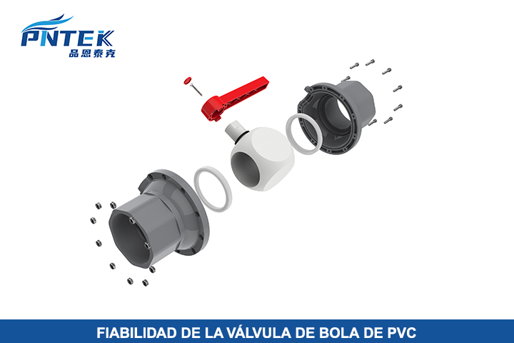 Una válvula de bola de PVC instalada en una línea de agua, mostrando su diseño robusto y simple