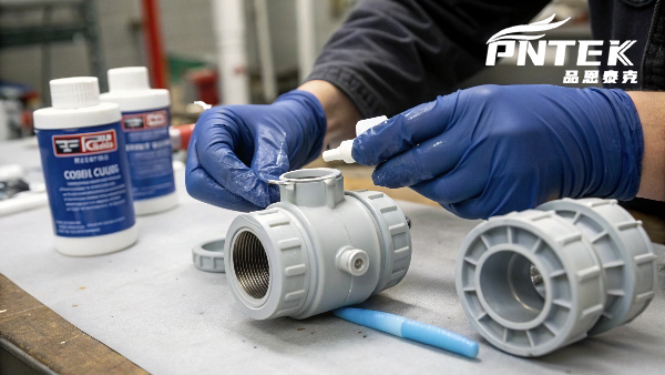 A disassembled true union ball valve with arrows pointing to where silicone grease should be applied