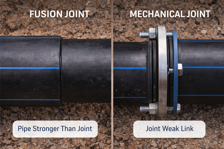 A cross-section showing a seamless fusion weld compared to a mechanical joint with gaskets