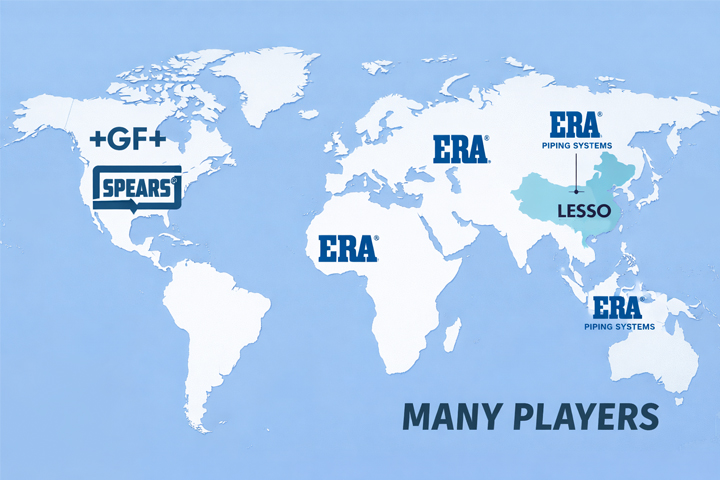 Global PVC Valve Manufacturers A world map with logos of different PVC valve manufacturers scattered across regions