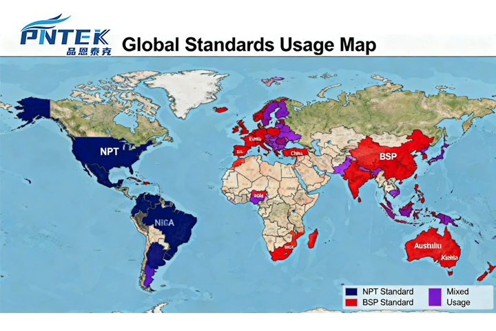 Global Usage Map of NPT and BSP Standards A world map showing regions where NPT is standard (North America) and where BSP is standard (most of the rest of the world)
