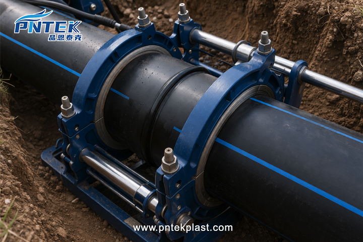 A butt fusion machine creating a strong, seamless joint on an HDPE pipeline