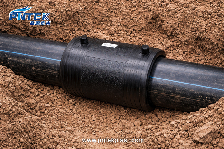 An HDPE electrofusion coupling ready for installation on a pipeline