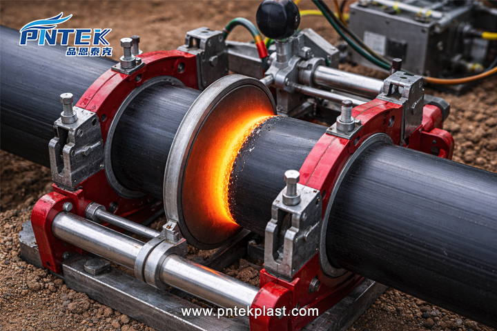 A butt fusion machine heating the ends of two HDPE pipes